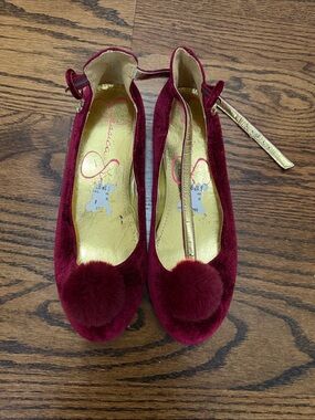 Jessica Simpson Girls Burgundy Velvet Pom-Pom Mary Janes